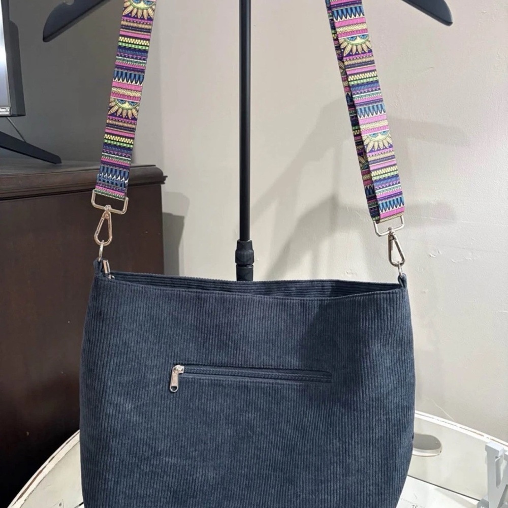 Elegant Navy Corduroy Shoulder Bag with Colorful Strap